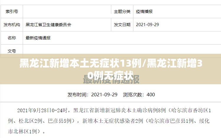 黑龙江新增本土无症状13例/黑龙江新增30例无症状 黑龙江新增本土无症状13例/黑龙江新增30例无症状